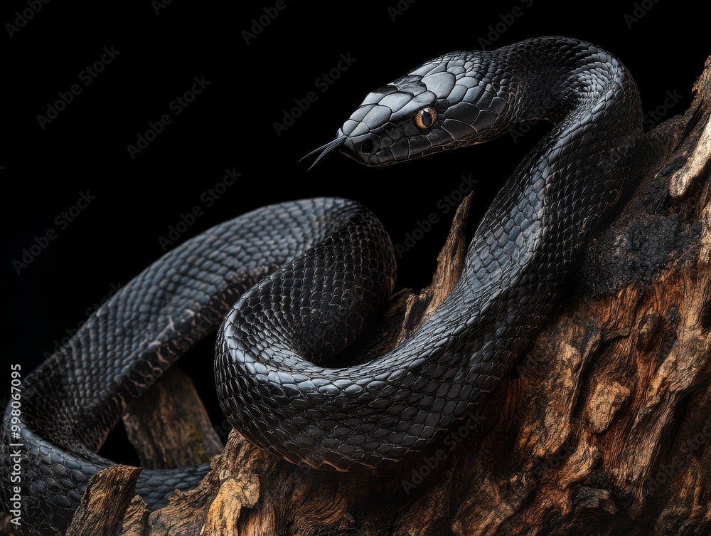 Fototapeta premium Dark and mysterious black snake coiled on a tree branch