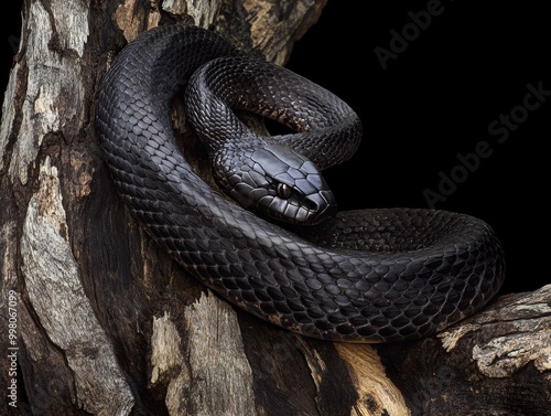 Close-up of a sleek black snake draped over a rough branch