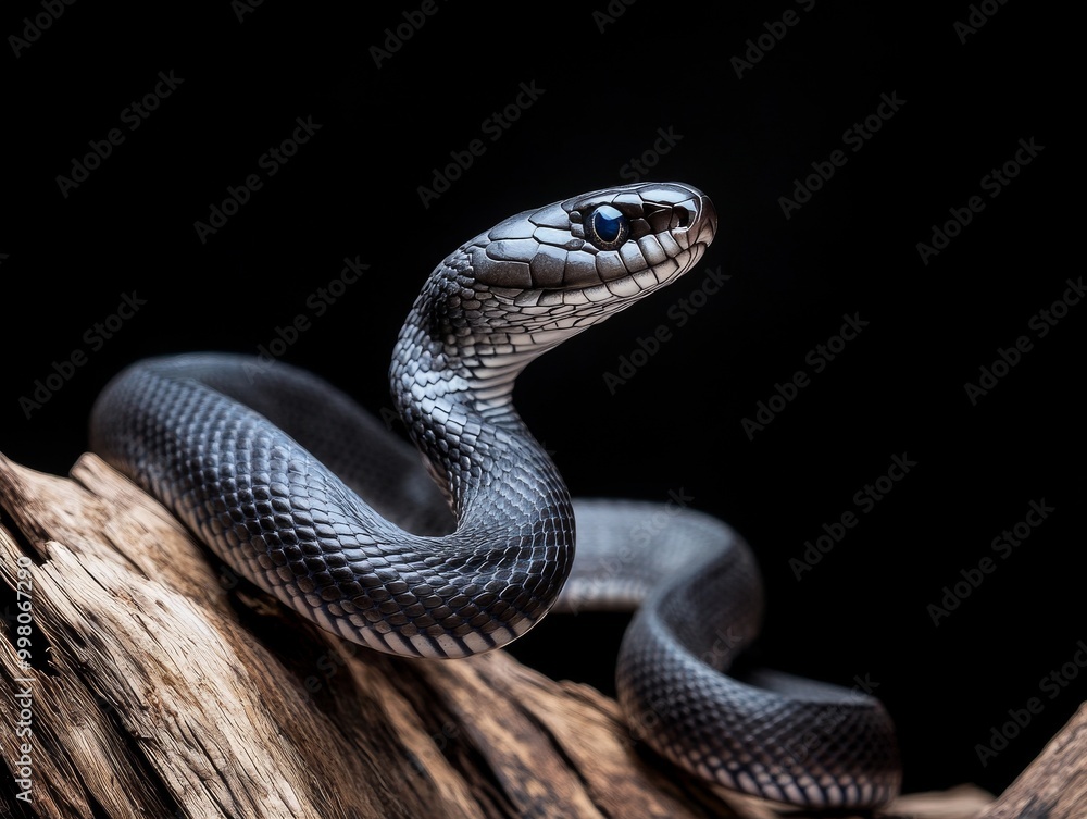 High contrast image of a black snake resting on a rough tree branch High contrast image of a black snake resting on a rough tree branch
