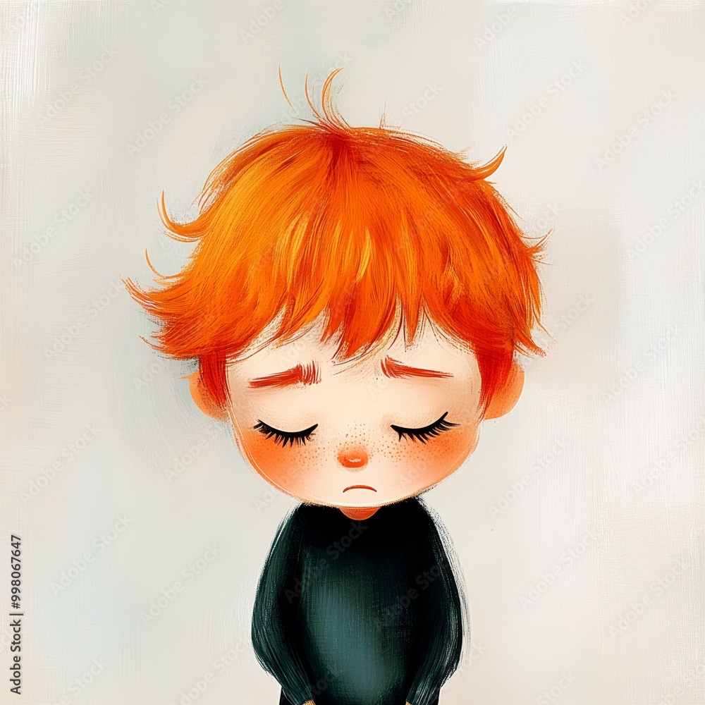 A sad young boy with orange hair wearing a black sweater standing quietly with downcast eyes A sad young boy with orange hair wearing a black sweater standing quietly with downcast eyes