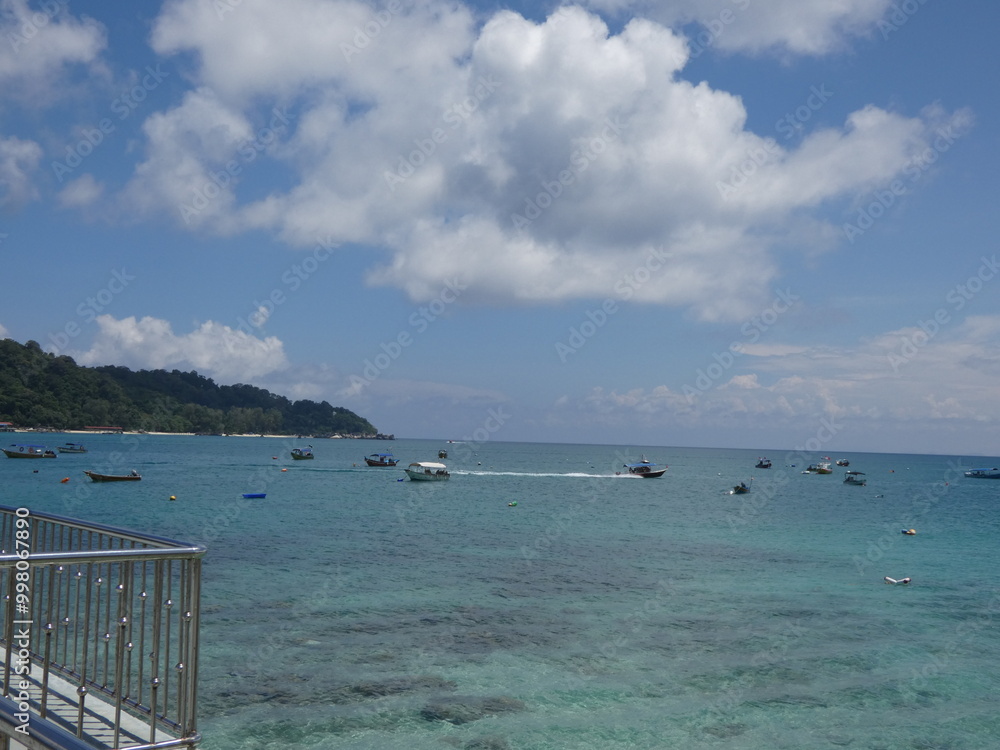Fototapeta premium Boat halted in the water; front view