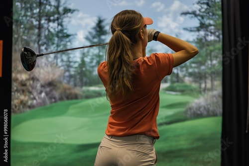 Golfer playing golf in indoor simulator. golf simulator