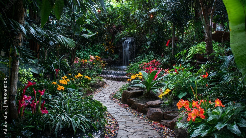 Serene Oasis: Beautiful Tranquil Garden with Exotic Plants and Lush Flowers Serene Oasis: Beautiful Tranquil Garden with Exotic Plants and Lush Flowers