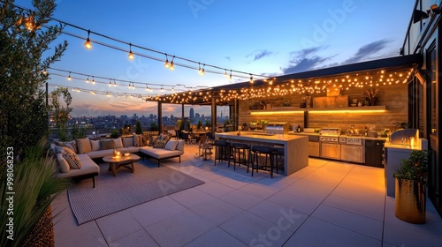 A glamorous rooftop terrace with an outdoor kitchen, plush lounge areas, and ambient string lighting for evening entertainment photo