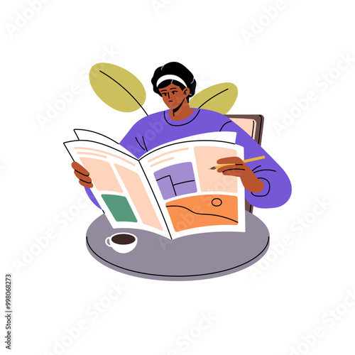 Young woman sits at the table with morning coffee and reading newspaper. Person gets breaking news, information by paper newsletter in breakfast. Flat isolated vector illustration on white background