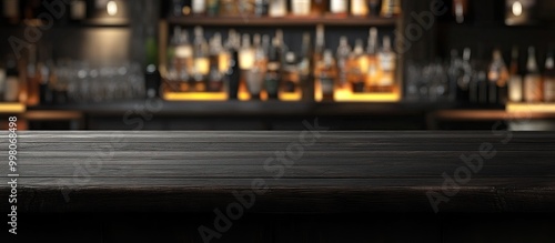 Dark Wooden Bar Counter with Blurry Bar Background