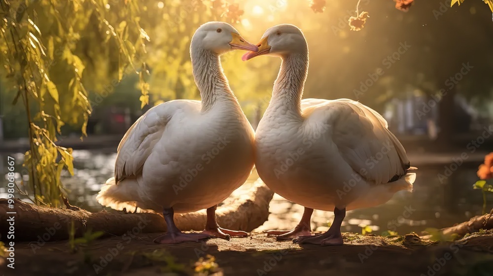 Obraz premium A pair of white geese stand side by side on the wooden floor in front of them, their heads and necks touching each other's beaks, looking at me with bright eyes. The background is blurred greenery