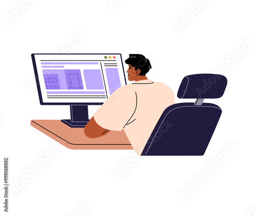 Young man surfing internet using computer at the desk back view. Person watches online news on websites, web pages at the desktop screen. Flat isolated vector illustration on white background