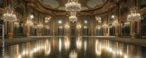 A grand ballroom with crystal chandeliers, ornate gold trim, and a large dance floor reflecting the glimmering lights