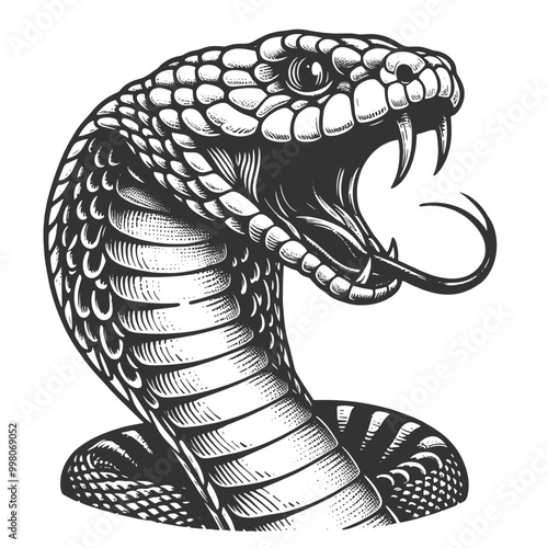 hissing cobra with fangs bared and tongue out. Tattoo design. Menacing posture sketch engraving generative ai vector illustration. Scratch board imitation. Black and white image.