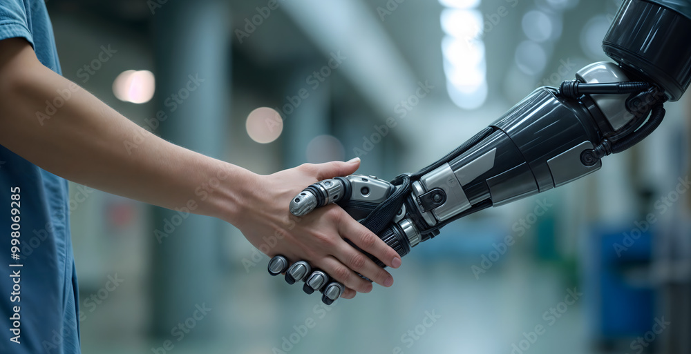 Human and bionic hand shaking in a symbolic gesture of collaboration Human and bionic hand shaking in a symbolic gesture of collaboration
