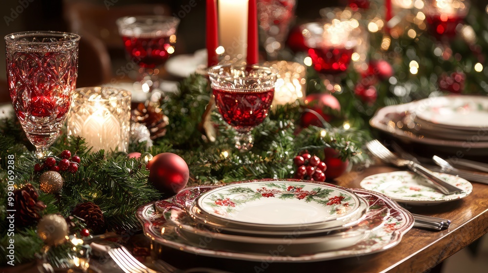 Extravagant Holiday Dinner Table Setting with Elegant Decor and Candles Extravagant Holiday Dinner Table Setting with Elegant Decor and Candles
