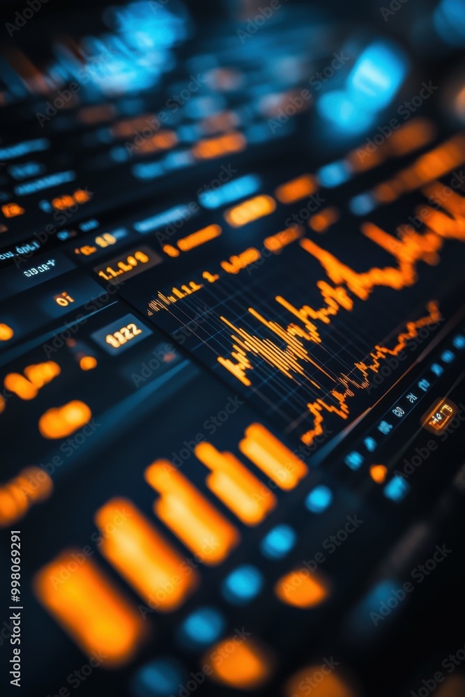 Macro shot of an interactive stock market analysis software interface, showcasing a candlestick chart with various indicators and a detailed time frame Macro shot of an interactive stock market analysis software interface, showcasing a candlestick chart with various indicators and a detailed time frame