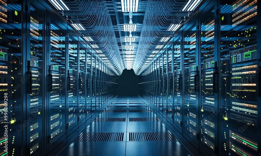 In the server room of a data center or Internet service provider, digital information and data travel through the network and servers behind glass panels. In the server room of a data center or Internet service provider, digital information and data travel through the network and servers behind glass panels.