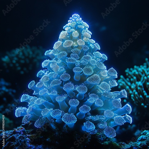 A vibrant blue coral polyp, shaped like a Christmas tree, grows amongst other coral formations in the ocean. photo