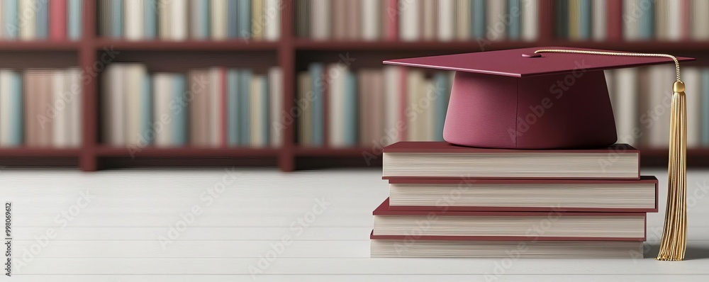 Naklejka premium Student Success symbolized by a graduation cap resting on a stack of books in a bright