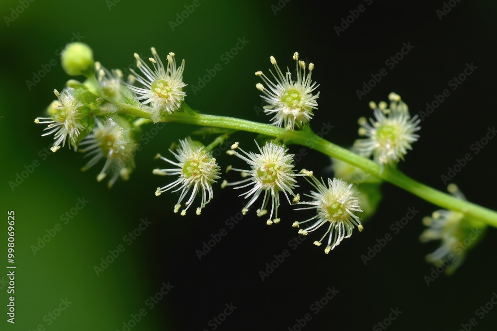 Delicate flowers blooming on a green stem against a dark background in a serene natural setting Delicate flowers blooming on a green stem against a dark background in a serene natural setting