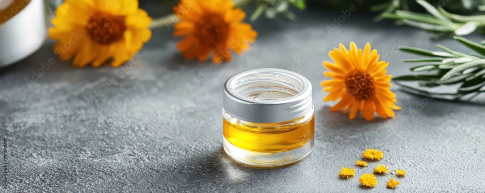 A small glass jar of golden oil sits beside bright yellow flowers, portraying a serene, natural setting perfect for wellness and beauty products. A small glass jar of golden oil sits beside bright yellow flowers, portraying a serene, natural setting perfect for wellness and beauty products.