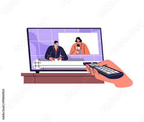 Person watching TV show, broadcast, breaking news, journalists' report, telecasts. Character changing channels with television remote in hand. Flat isolated vector illustration on white background