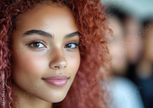 Close-up Portrait of Young Woman with Curly Red Hair and Soft Smile