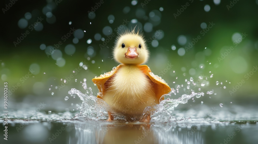 Cute yellow duckling standing in a raincoat on the water Cute yellow duckling standing in a raincoat on the water