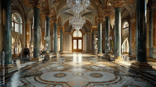 A grand hall with mosaic tile flooring, ornate columns, and a large crystal chandelier