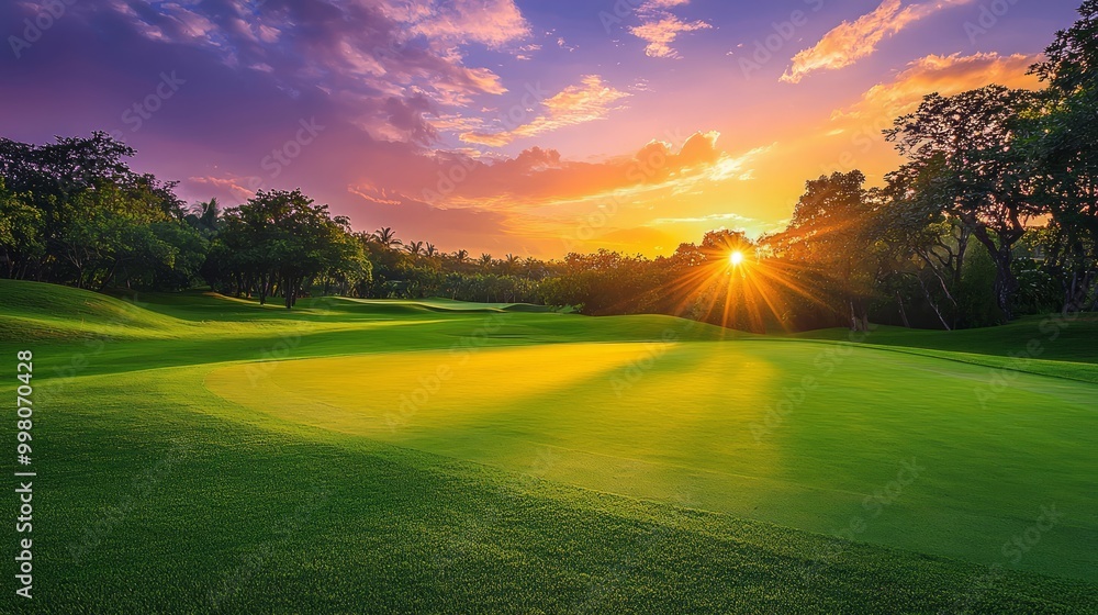 Majestic Sunset Beauty at Scenic Golf Course with Lush Greens and Vibrant Sky Colors Majestic Sunset Beauty at Scenic Golf Course with Lush Greens and Vibrant Sky Colors