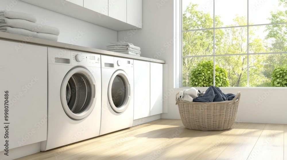 A clean laundry room showcases built-in washing and drying machines, sleek cabinetry, and a laundry basket filled with clothes. Generative AI A clean laundry room showcases built-in washing and drying machines, sleek cabinetry, and a laundry basket filled with clothes. Generative AI