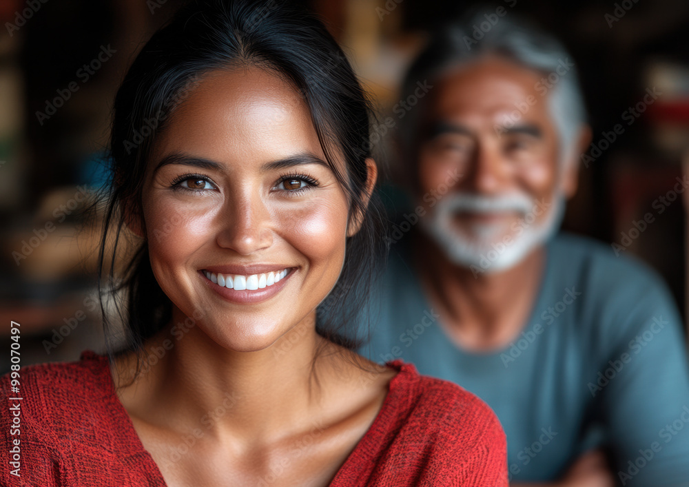 Smiling Young Woman with Older Man in Background, Warm Indoor Setting Smiling Young Woman with Older Man in Background, Warm Indoor Setting