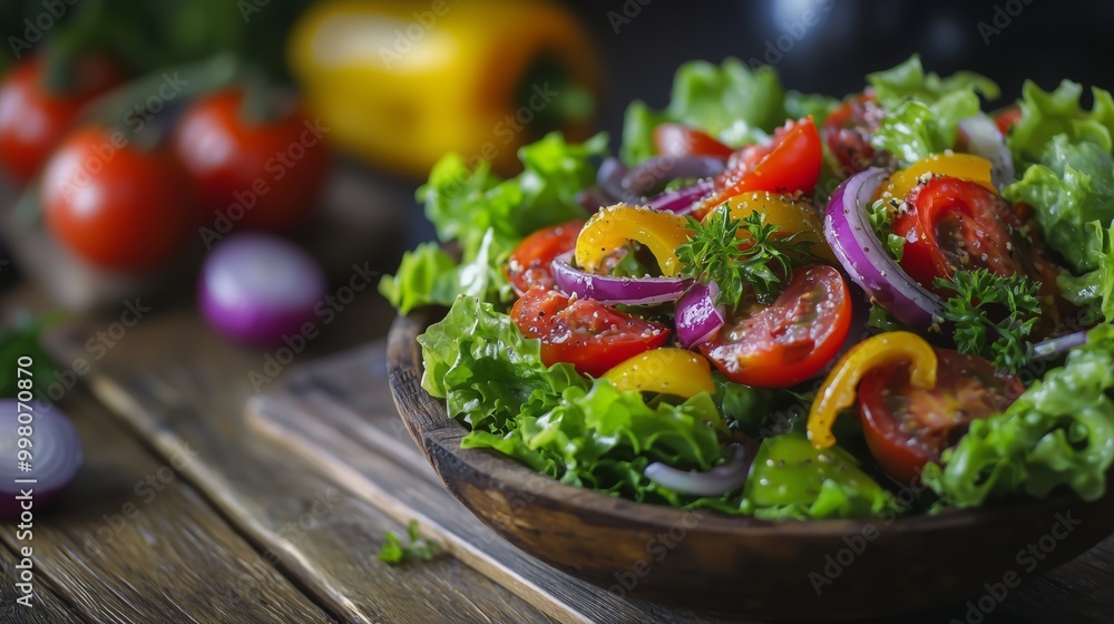 Fresh garden salad with tomatoes, bell peppers, onions, and lettuce on rustic wooden table with vibrant vegetables nearby Fresh garden salad with tomatoes, bell peppers, onions, and lettuce on rustic wooden table with vibrant vegetables nearby