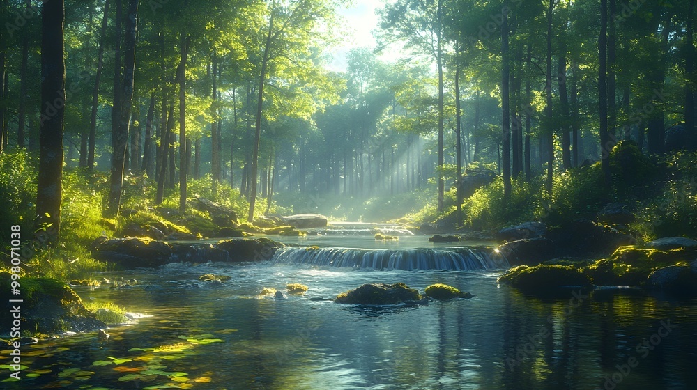 Fototapeta premium Serene Forest Sanctuary with Cascading River and Dappled Sunlight