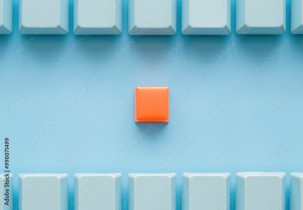 colorful square in a row of blue keyboard keys, vibrant orange color stands out, minimalistic design, clean aesthetic, modern digital concept focused on individuality and differentiation colorful square in a row of blue keyboard keys, vibrant orange color stands out, minimalistic design, clean aesthetic, modern digital concept focused on individuality and differentiation