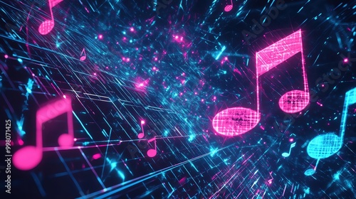 Vibrant digital representation of musical notes with glowing effects in pink and blue against a dark background. photo