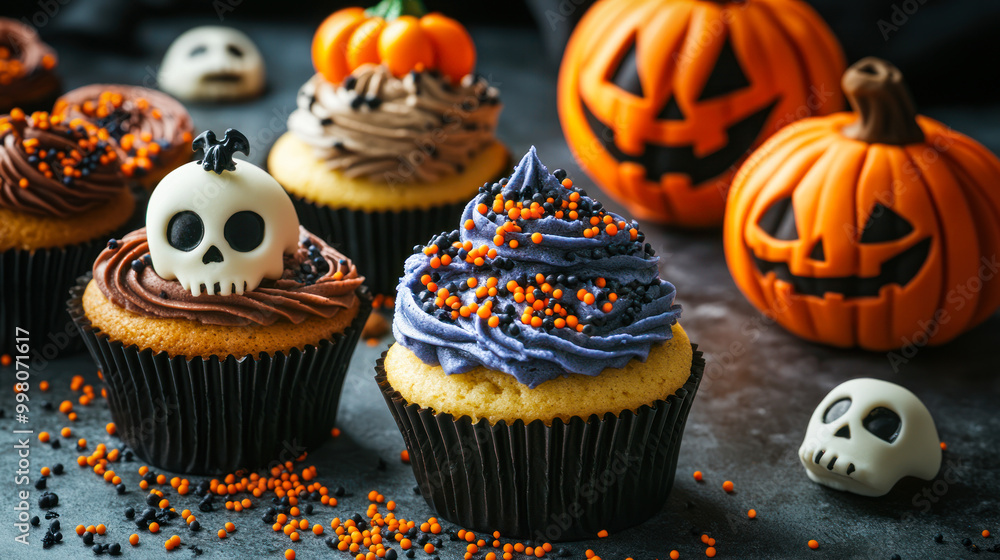 festive halloween cupcakes with whipped cream, colorful sprinkles and sculls on dark background with pumpkins. Sweets for Halloween. treat or trick. Scary desserts. Confectionery, bakery menu festive halloween cupcakes with whipped cream, colorful sprinkles and sculls on dark background with pumpkins. Sweets for Halloween. treat or trick. Scary desserts. Confectionery, bakery menu