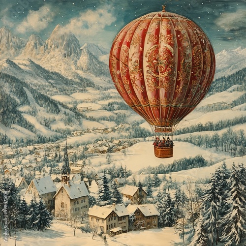 A vintage hot air balloon flies over a snowy mountain village. photo