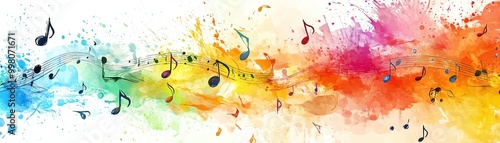 Vibrant music notes blending in colorful watercolor splashes on a white background. photo