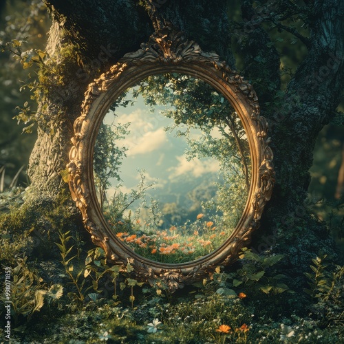 A vintage oval mirror reflects a serene forest scene, framed by lush greenery.