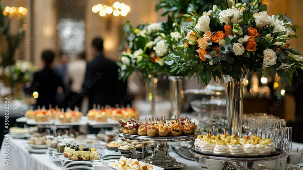 Elegant Cocktail Reception in a Grand Hall with Gourmet Hors d'oeuvres and Chic Decor Elegant Cocktail Reception in a Grand Hall with Gourmet Hors d'oeuvres and Chic Decor