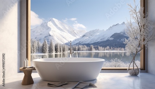 Relaxing bathroom with a scenic mountain view overlooking a snowy landscape and serene lake photo