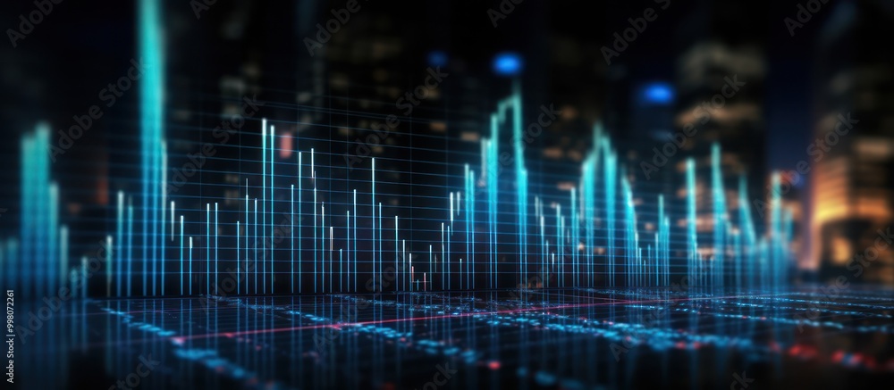 Abstract Blue and Red Data Visualization with City Lights in the Background Abstract Blue and Red Data Visualization with City Lights in the Background