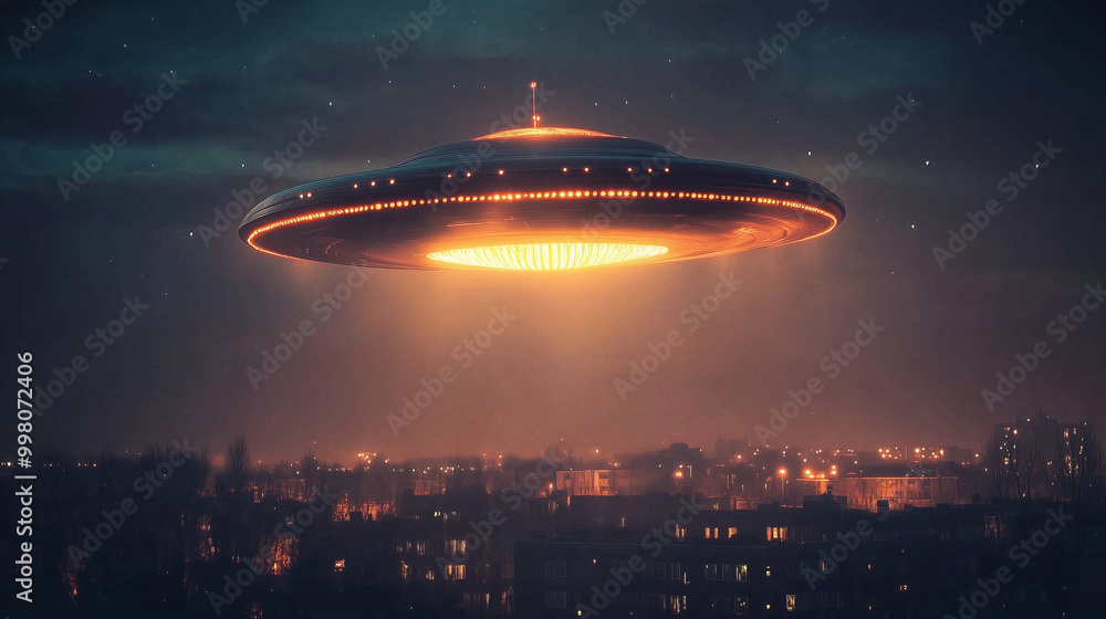 Obraz premium Na tle mrocznego, gwiaździstego nieba, w powietrzu unosi się rozświetlony UFO, które emituje intensywne światło w odcieniach zieleni i fioletu.