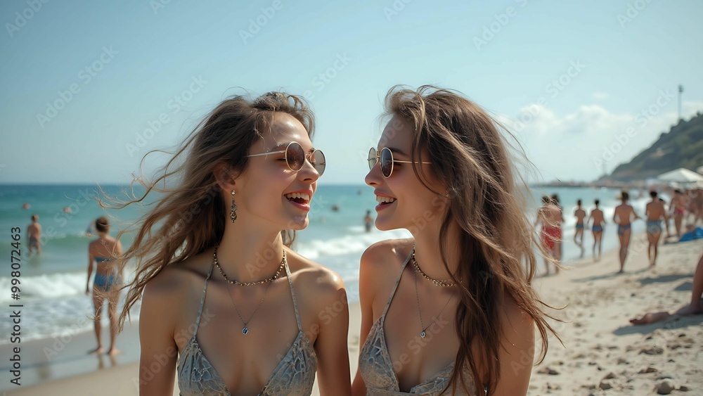 Sunny Beach Day with Friends Enjoying Fun and Freedom by the Ocean Waves, Happy togethers Sunny Beach Day with Friends Enjoying Fun and Freedom by the Ocean Waves, Happy togethers