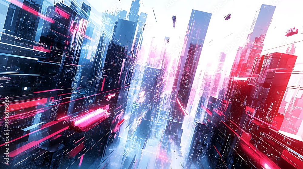 Fototapeta premium Neon lights illuminate a cityscape, where flying vehicles streak through the sky in a dazzling urban symphony.