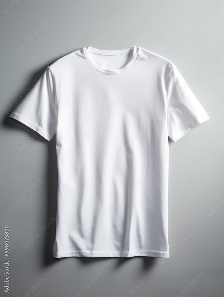 A plain white t-shirt displayed on a gray background. A plain white t-shirt displayed on a gray background.