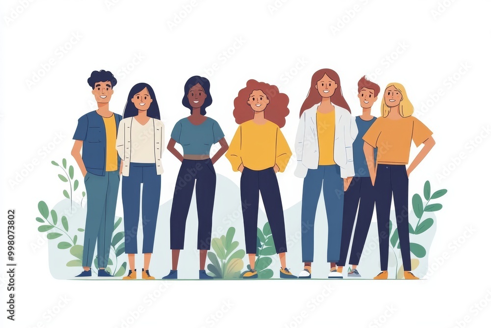 Obraz premium Group of young adults in casual clothing representing friendship teamwork and modern collaboration in a simple graphic style with flat colors and clean lines