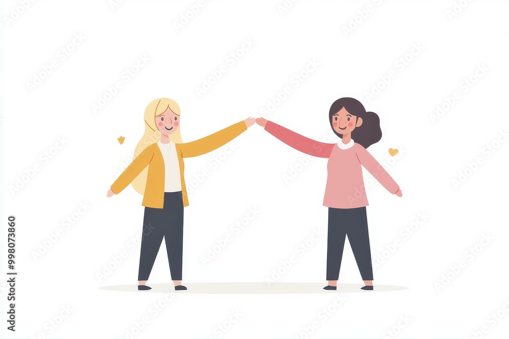 Two young women holding hands in celebration representing friendship connection and mutual support in a minimalist graphic style with simple lines and flat colors Two young women holding hands in celebration representing friendship connection and mutual support in a minimalist graphic style with simple lines and flat colors