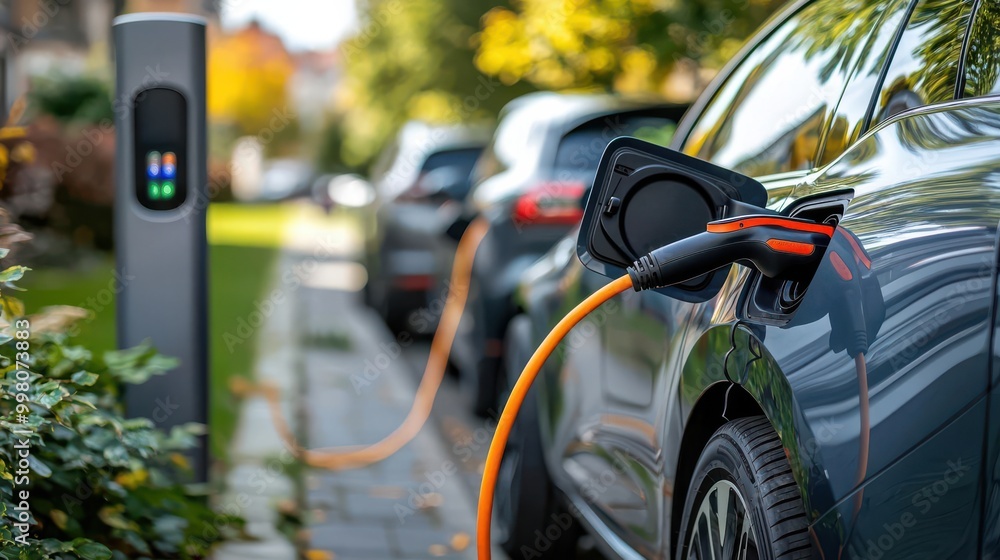 Electric vehicle charging stations placed throughout a city symbolizing the transition to cleaner transportation and its impact on air pollution reduction Electric vehicle charging stations placed throughout a city symbolizing the transition to cleaner transportation and its impact on air pollution reduction