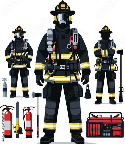 illustration of a firefighter in full equipment, flat design style
