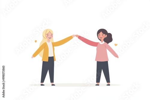 Two young women holding hands in celebration representing friendship connection and mutual support in a minimalist graphic style with simple lines and flat colors