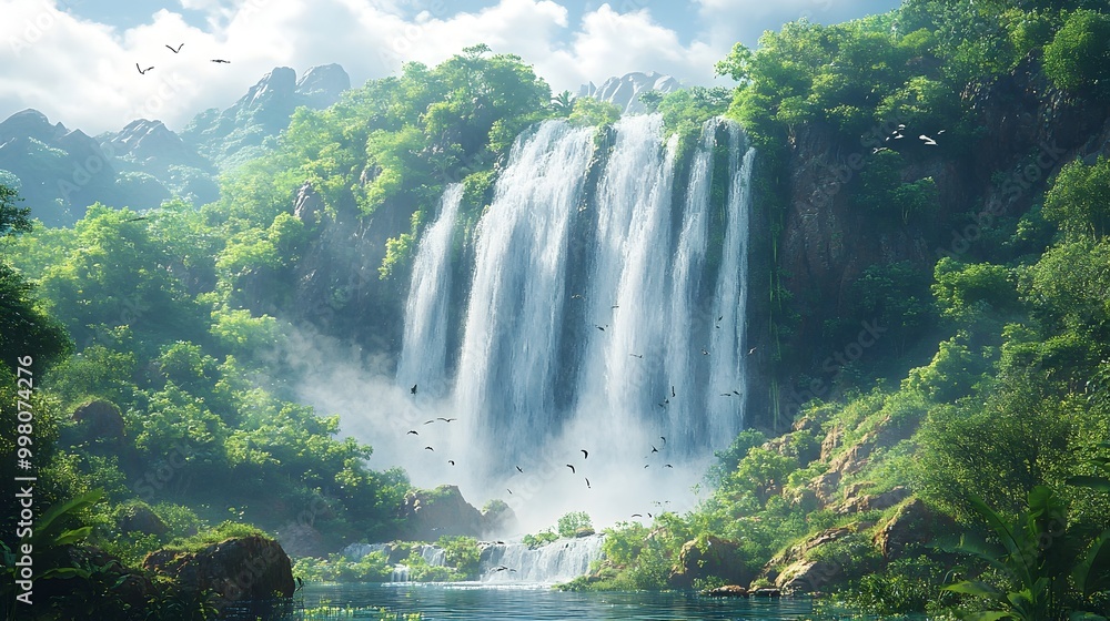 Naklejka premium Serene Waterfall Cascading Through Lush Jungle Landscape